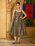 Black jacquard midi dress with zari weaving and A-line silhouette