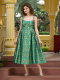 Teal jacquard zari woven A-line midi dress with sweetheart neckline