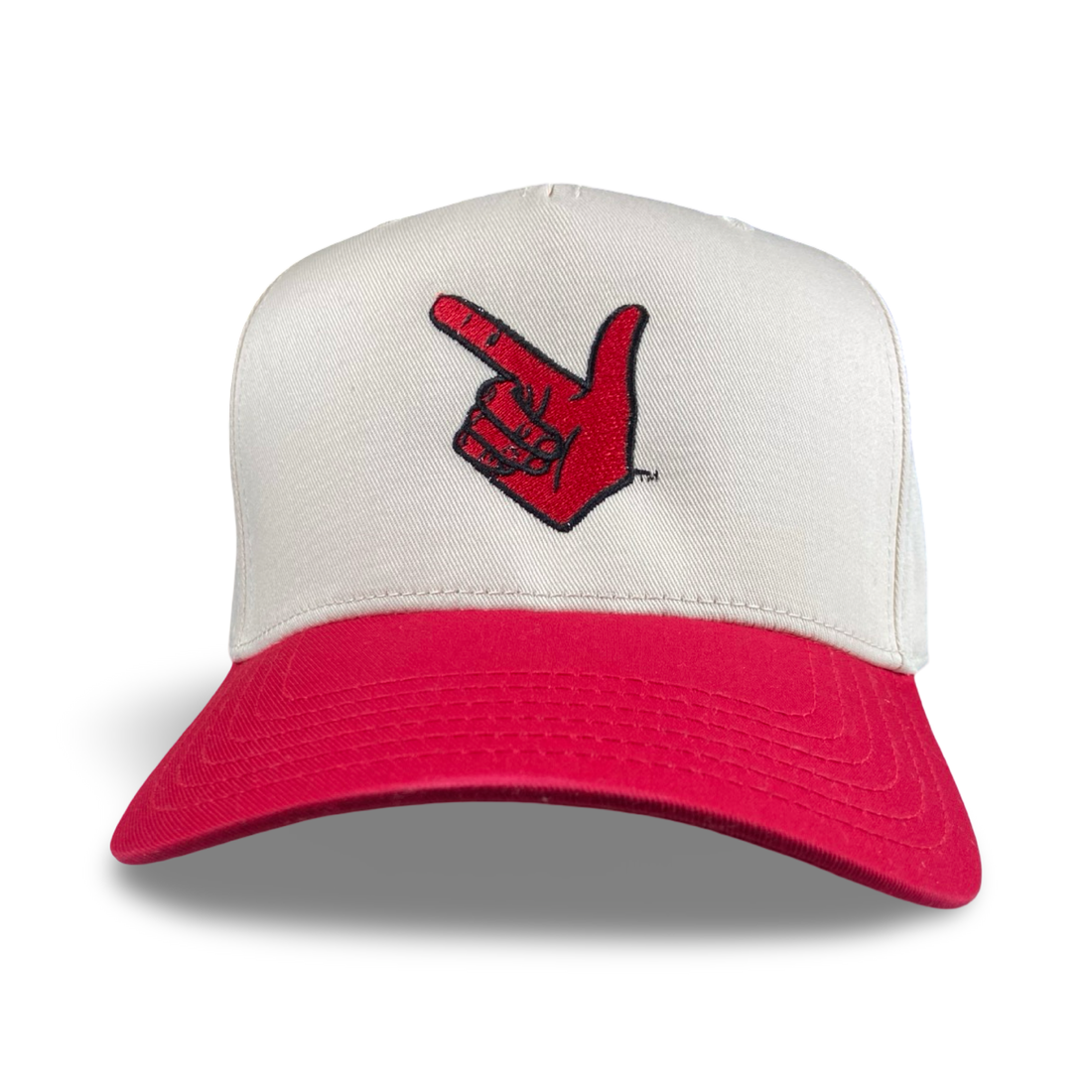Off-white and red Guns Up trucker hat featuring Texas Tech inspired branding