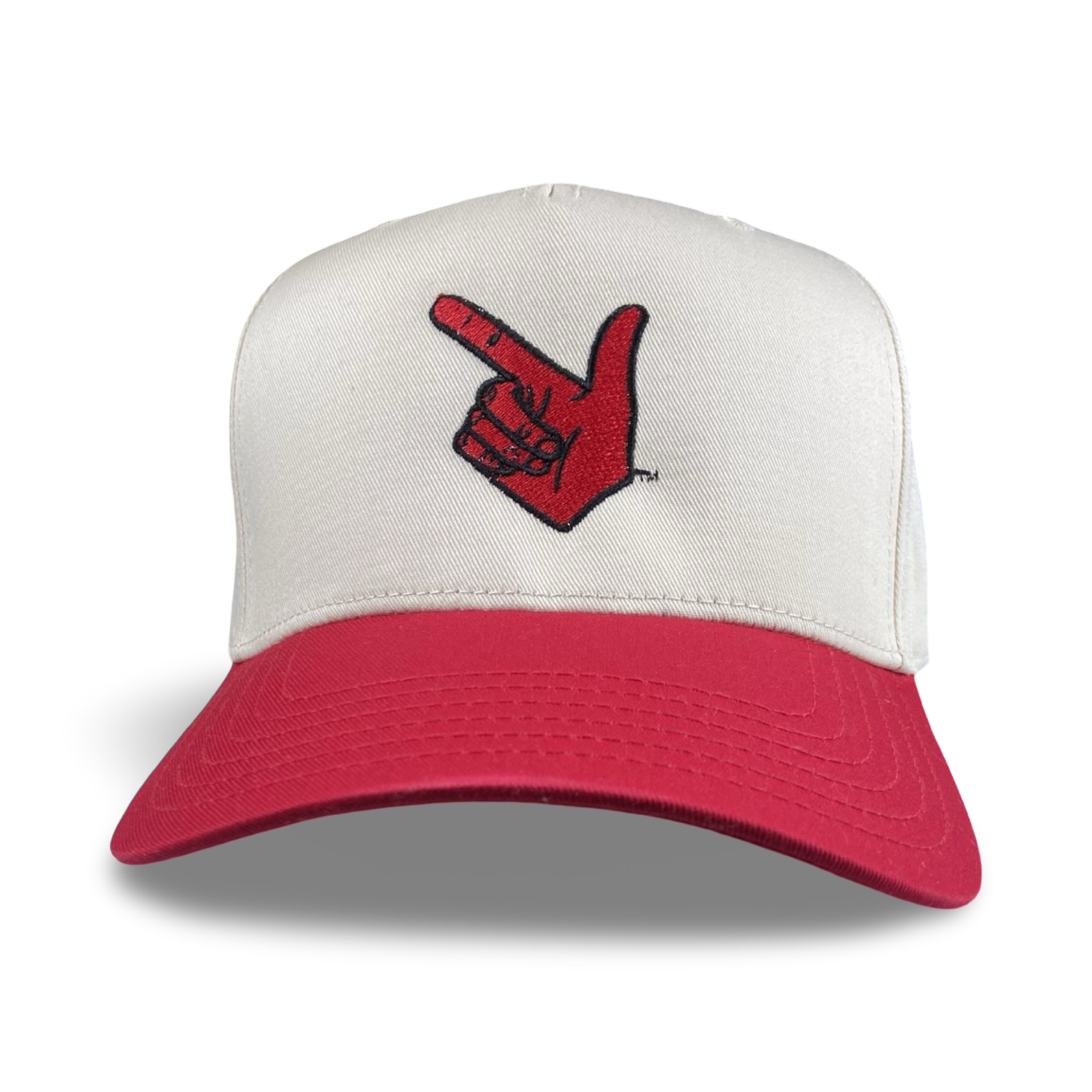 Off-white and red Guns Up trucker hat featuring Texas Tech inspired branding