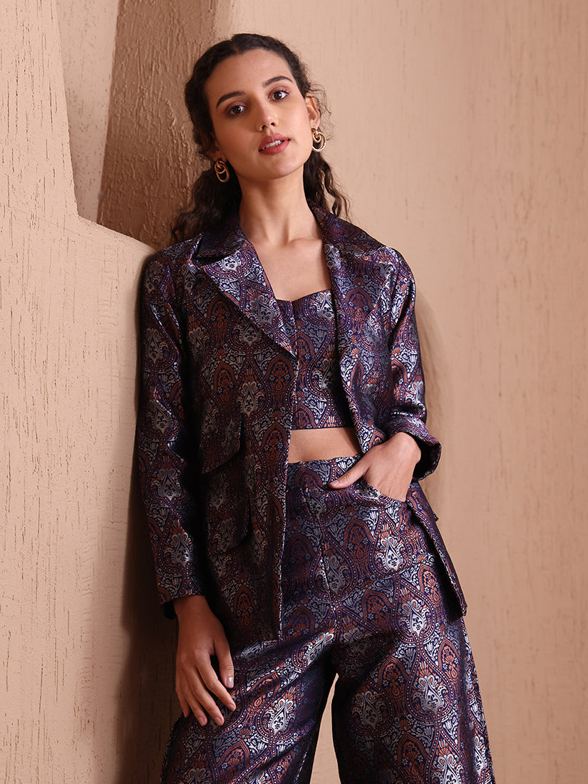 Navy Blue Banarasi Brocade Co-ord Set with Blazer & Wide-Leg Pants