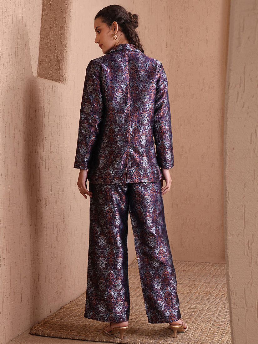 Navy Blue Banarasi Brocade Co-ord Set with Blazer & Wide-Leg Pants