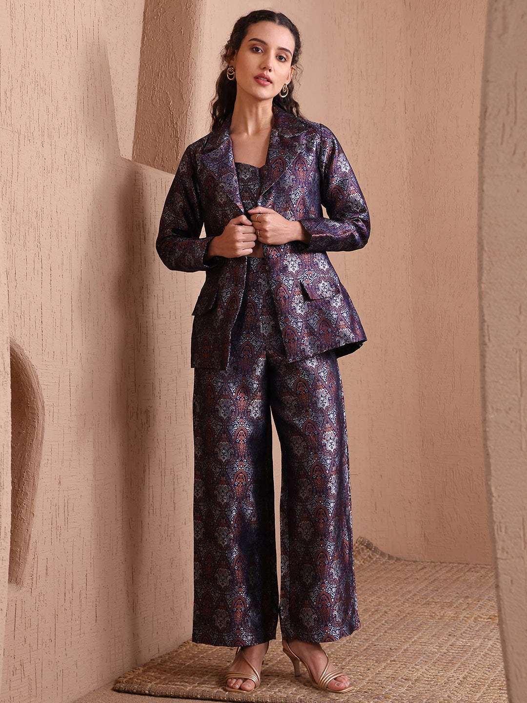 Navy Blue Banarasi Brocade Co-ord Set with Blazer & Wide-Leg Pants