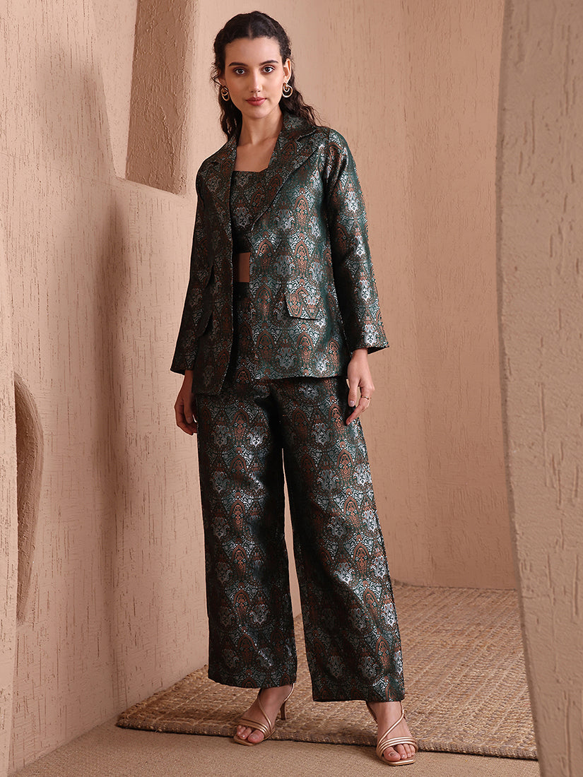 Women's Green Banarasi Brocade 3-Piece Co-ord Set With Blazer