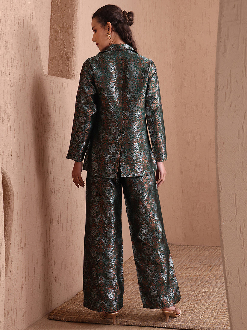 Women's Green Banarasi Brocade 3-Piece Co-ord Set With Blazer