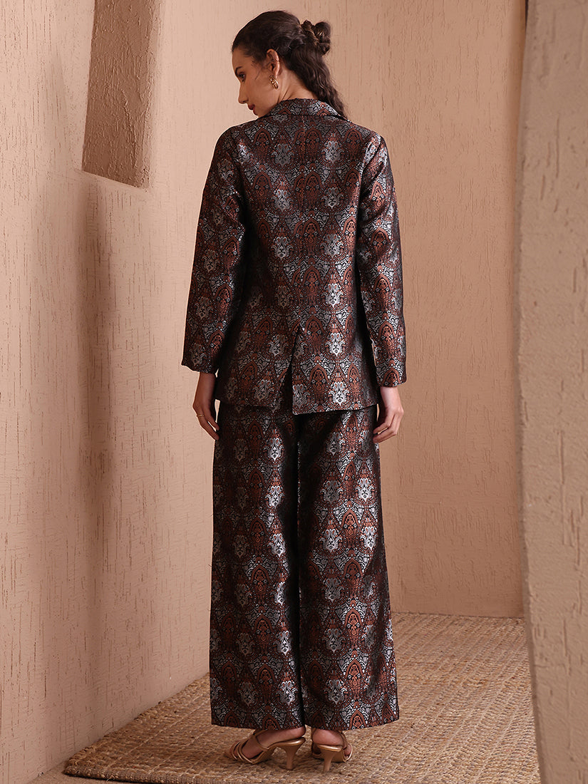 Black Banarasi Brocade 3-Piece Co-ord Set With Blazer & Wide-Leg Pants