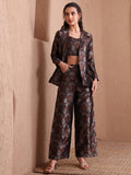 Black Banarasi Brocade 3-Piece Co-ord Set With Blazer & Wide-Leg Pants