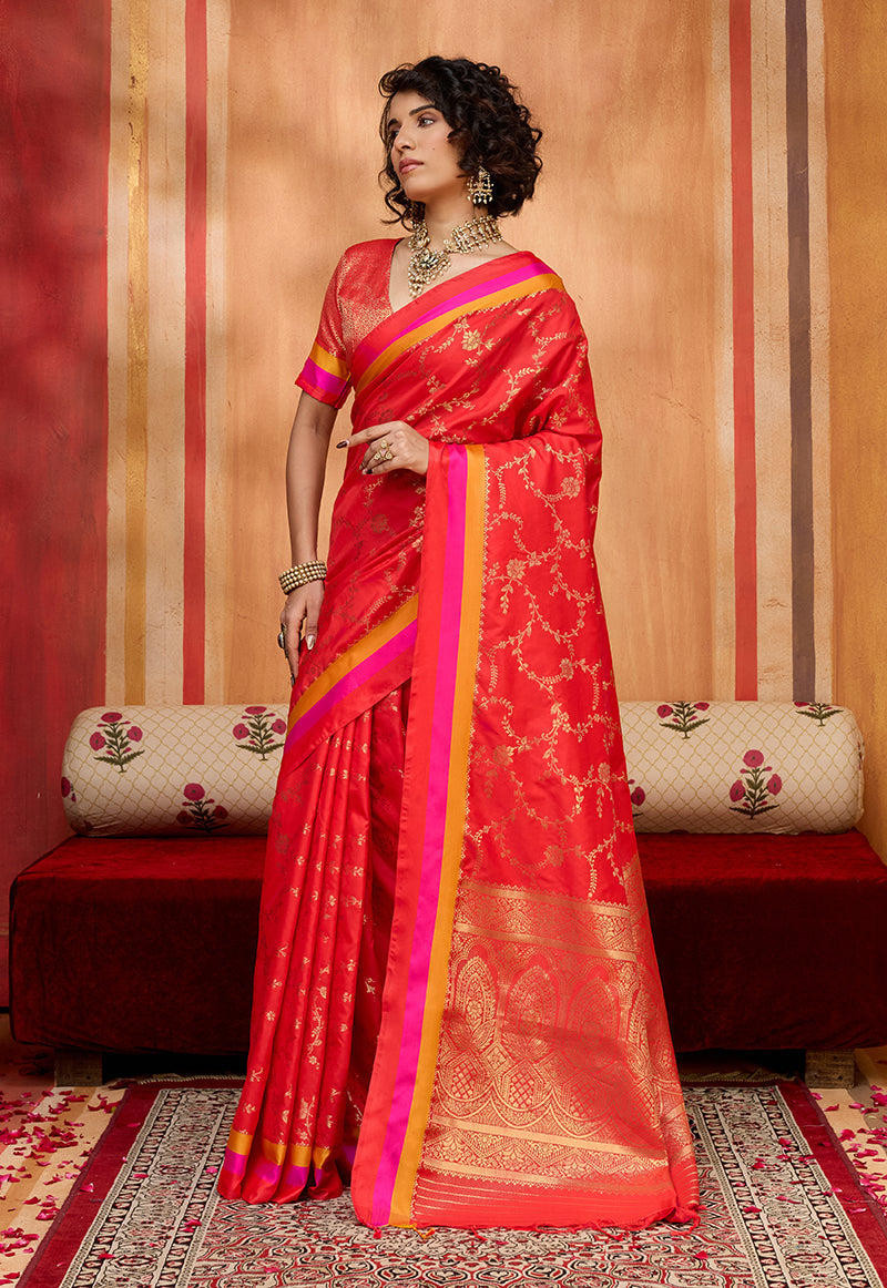 Red Satin Silk Blend Woven Saree for Festivals and Ethnic Occasions