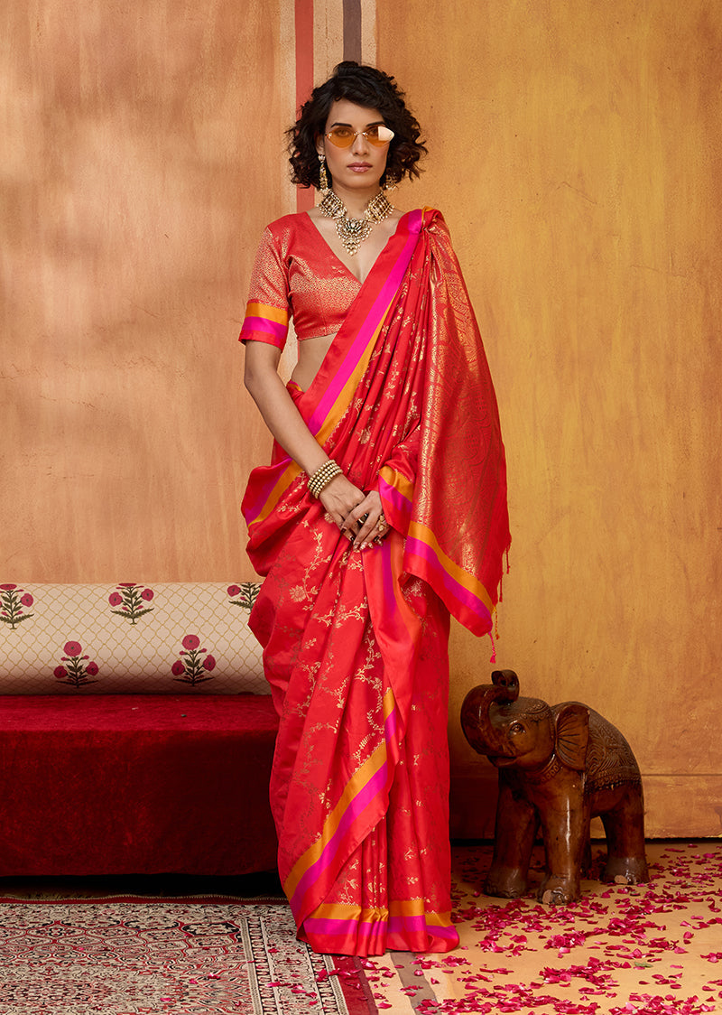 Red Satin Silk Blend Woven Saree for Festivals and Ethnic Occasions