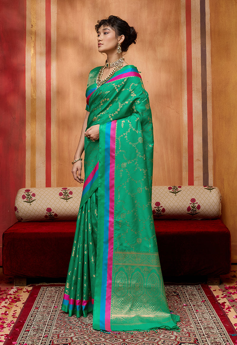 Sea Green Satin Silk Blend Saree with Ethnic Weaving Work