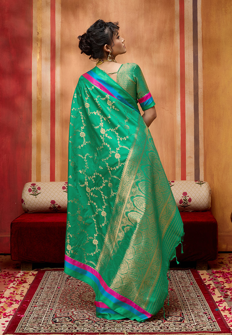 Sea Green Satin Silk Blend Saree with Ethnic Weaving Work