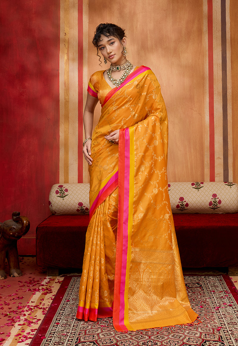 Orange Satin Silk Blend Festival Saree with Ethnic Weaving