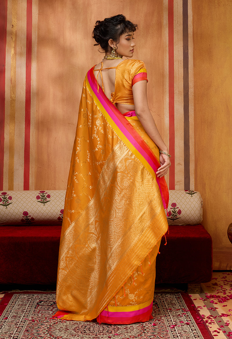 Orange Satin Silk Blend Festival Saree with Ethnic Weaving