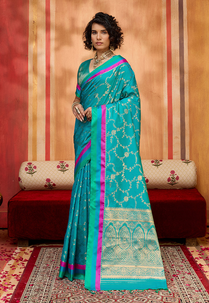 Aqua Blue Satin Silk Blend Weaving Saree for Festival Wear