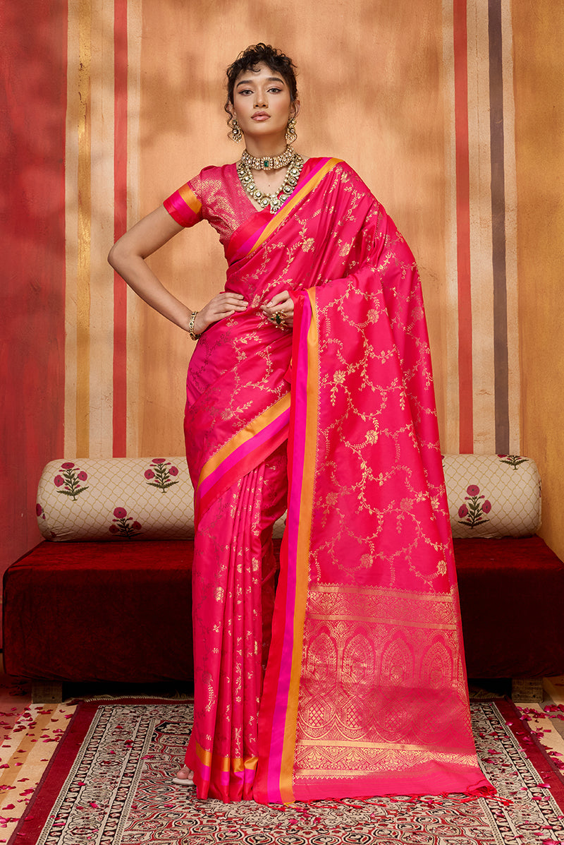 Rani Pink Satin Silk Blend Saree with Ethnic Weaving Work