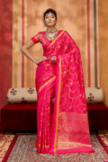 Rani Pink Satin Silk Blend Saree with Ethnic Weaving Work