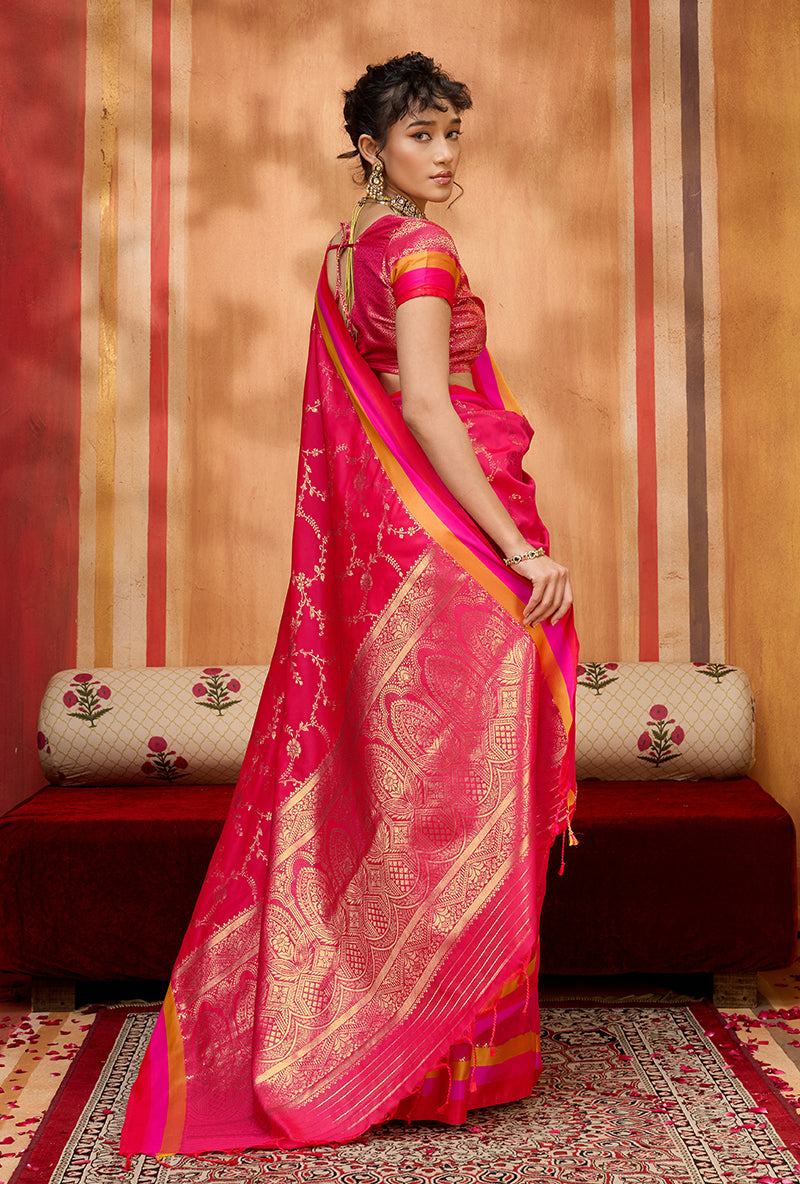 Rani Pink Satin Silk Blend Saree with Ethnic Weaving Work