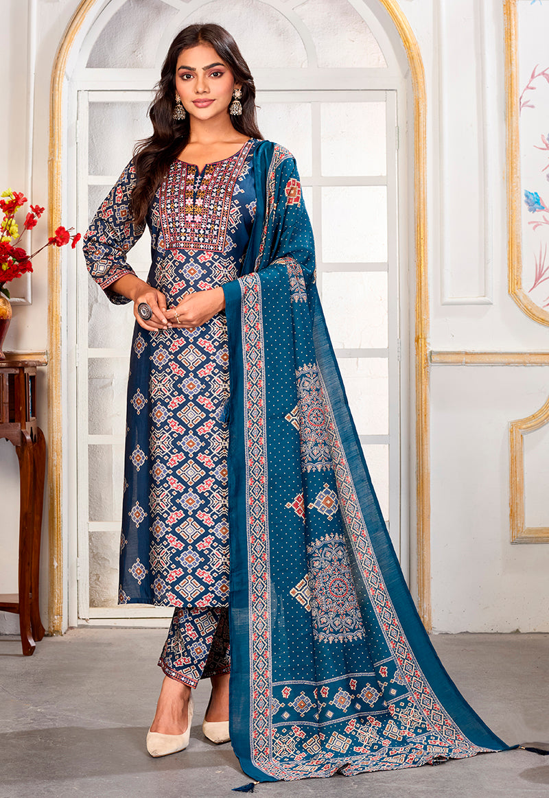 Teal Blue Chanderi Embroidered Party Pant Style Suit Set