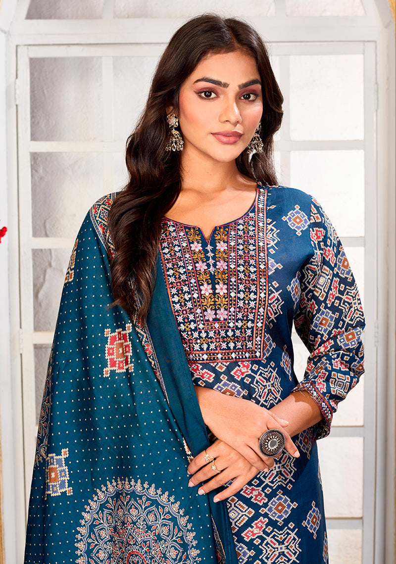 Teal Blue Chanderi Embroidered Party Pant Style Suit Set