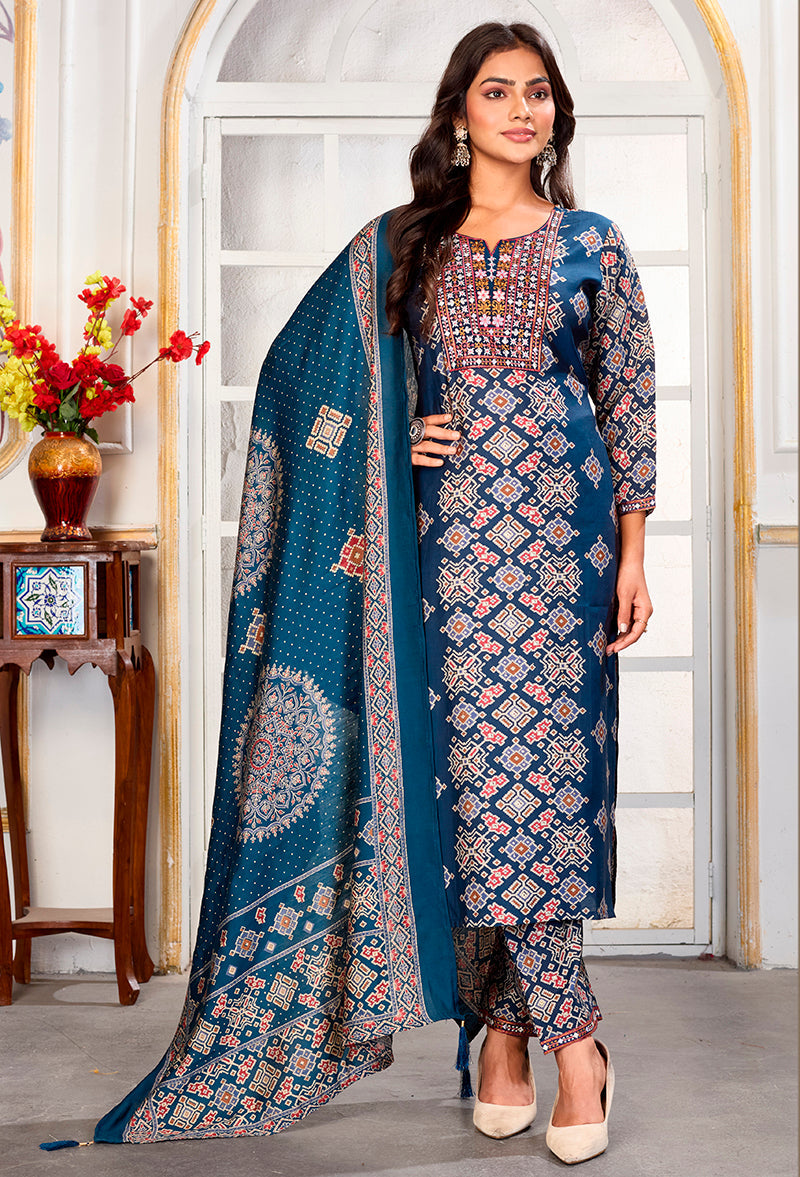 Teal Blue Chanderi pant style suit with intricate embroidery details, perfect for festive occasions