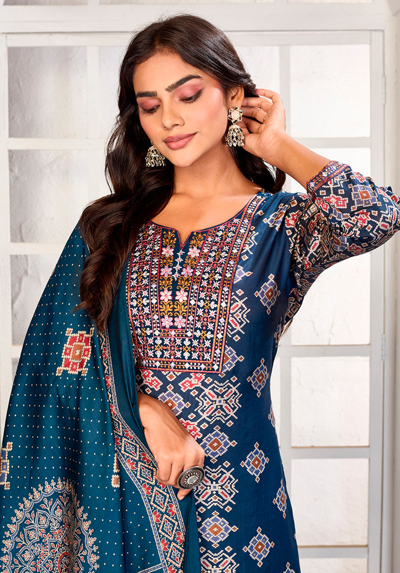 Teal Blue Chanderi Embroidered Party Pant Style Suit Set