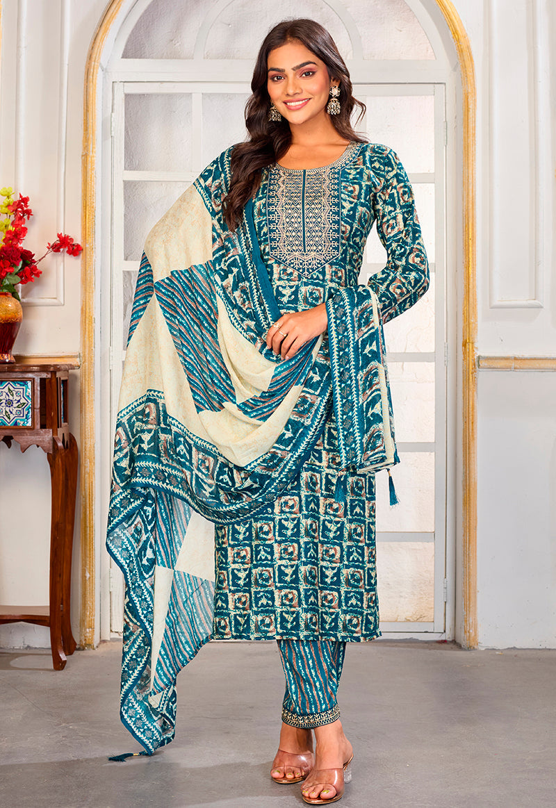 Light Blue Rayon Embroidered Party Pant Style Suit