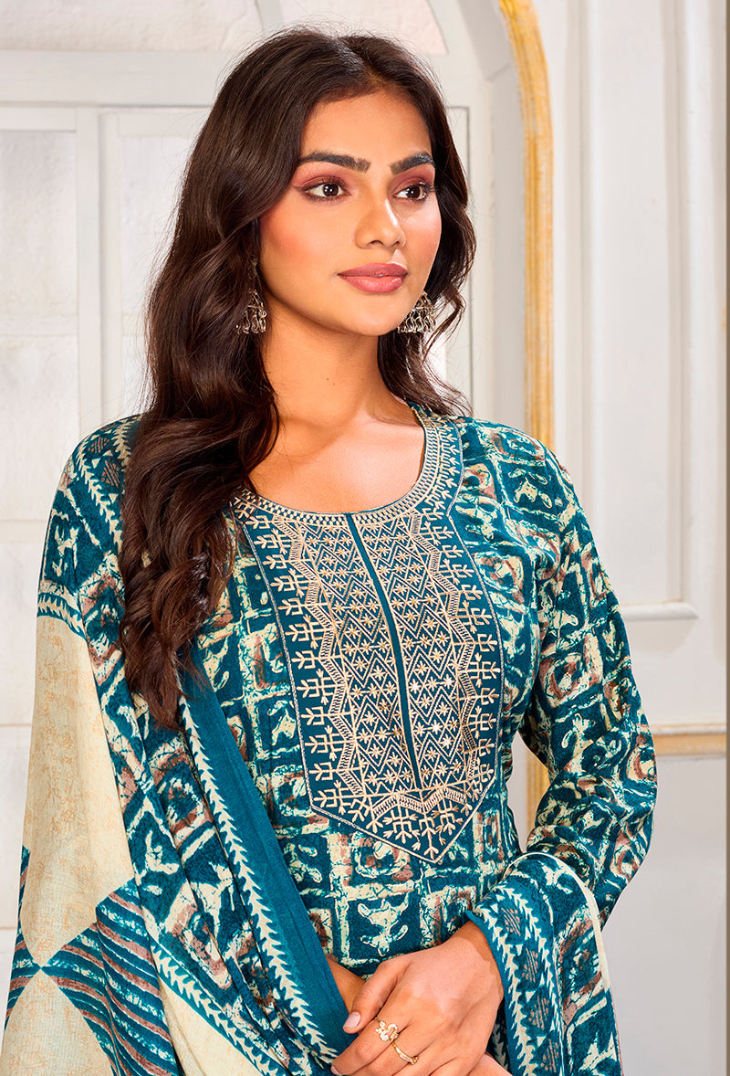 Light Blue Rayon Embroidered Party Pant Style Suit
