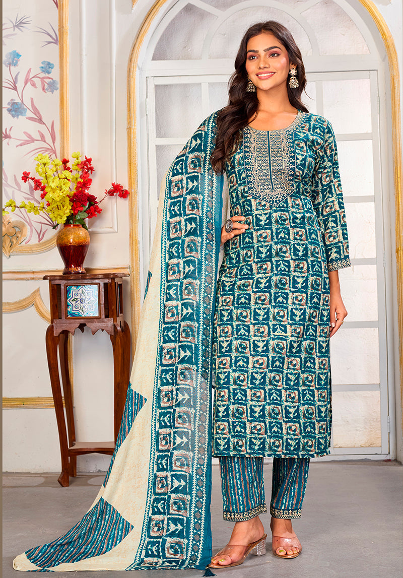 Elegant light blue rayon pant style suit with detailed embroidery for festive wear