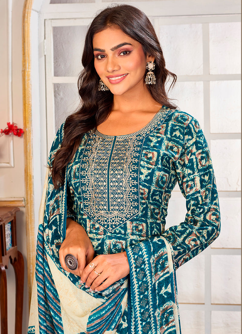 Light Blue Rayon Embroidered Party Pant Style Suit