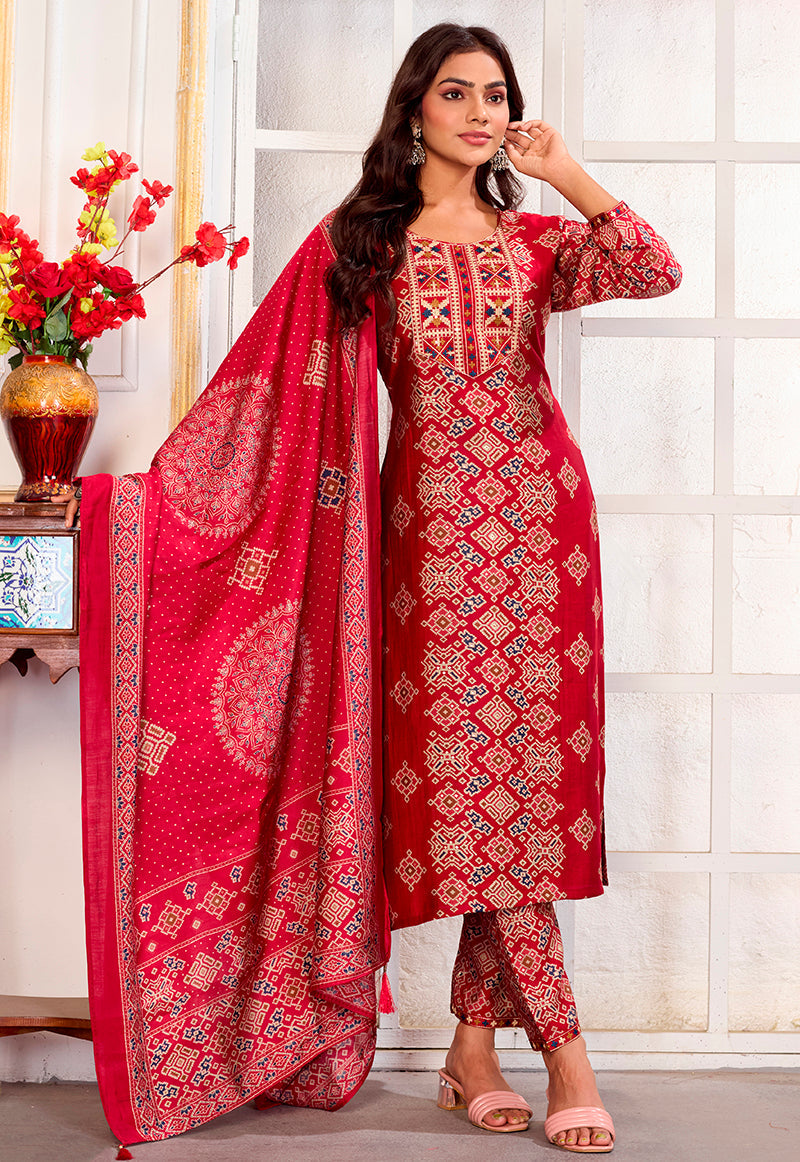 Red Chanderi embroidered pant style suit with matching dupatta and bottoms