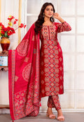 Red Chanderi embroidered pant style suit with matching dupatta and bottoms