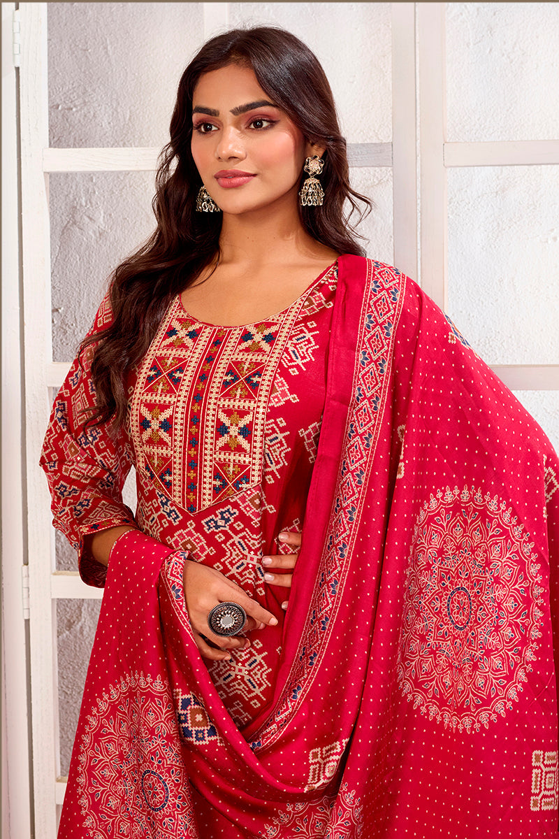Red Chanderi Embroidered Pant Style Suit for Parties & Festivals