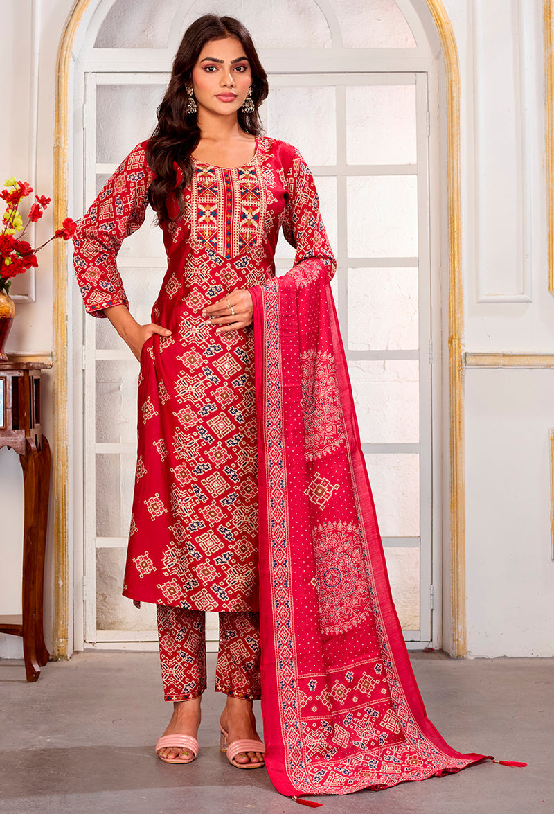 Red Chanderi Embroidered Pant Style Suit for Parties & Festivals