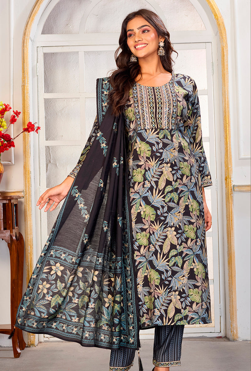 Black Chanderi Embroidered Pant Style Suit Set for Festive Wear