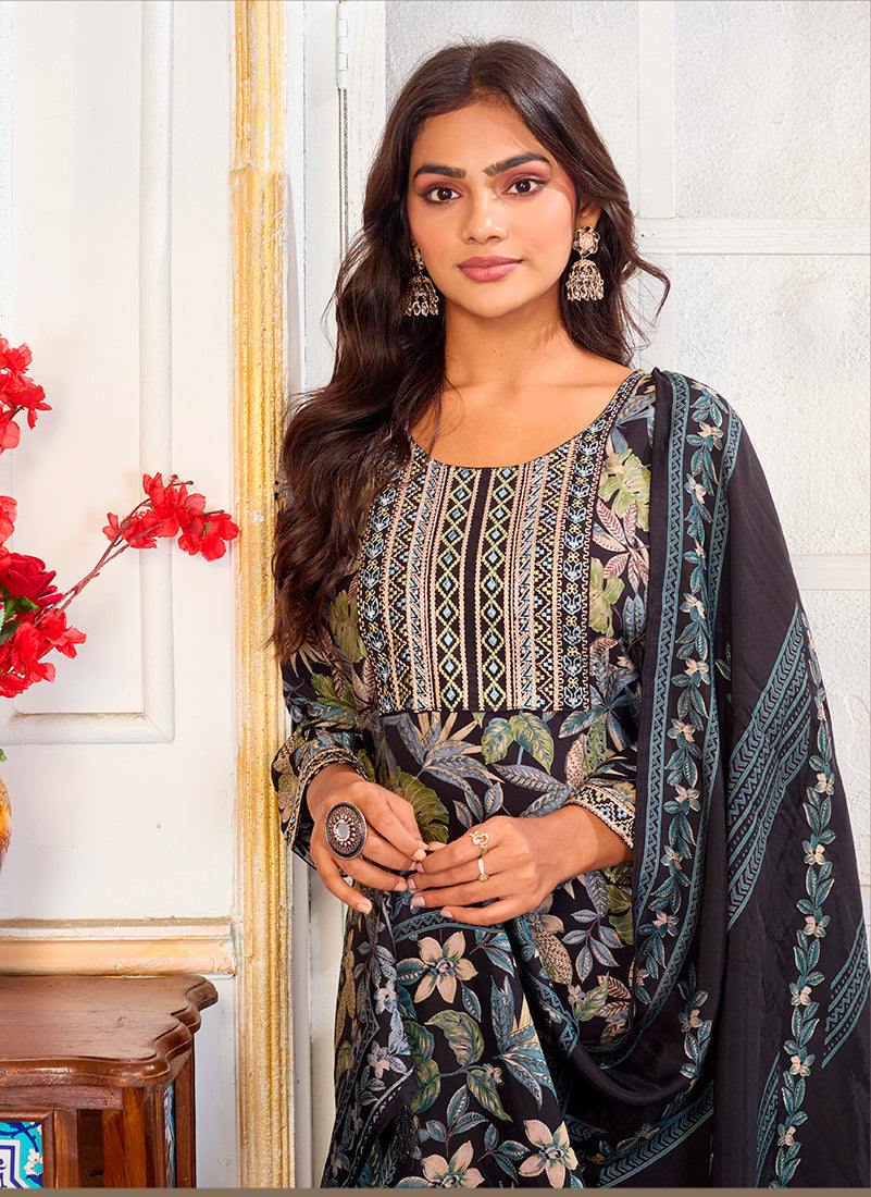 Black Chanderi Embroidered Pant Style Suit Set for Festive Wear