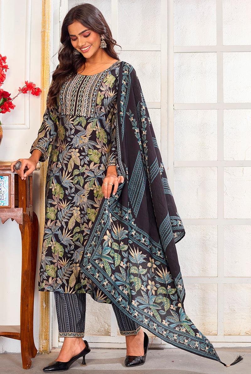 Elegant black Chanderi pant style suit with intricate embroidery and matching dupatta for festive occasions