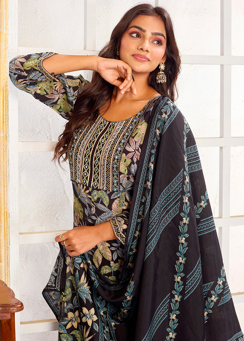 Black Chanderi Embroidered Pant Style Suit Set for Festive Wear