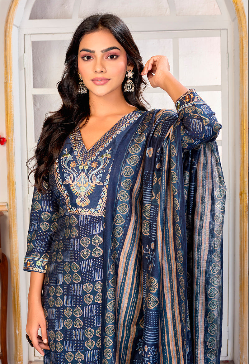 Blue Chanderi Embroidered Pant Style Suit Set for Parties