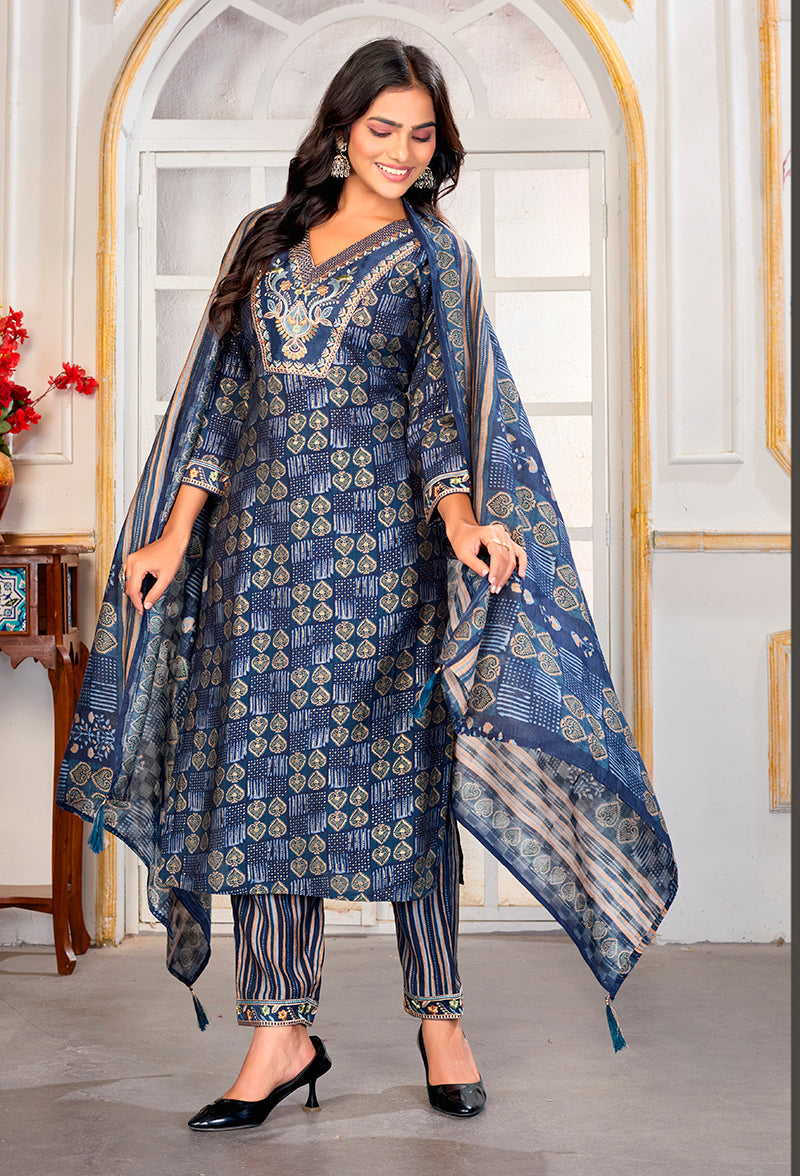 Blue Chanderi Embroidered Pant Style Suit Set for Parties