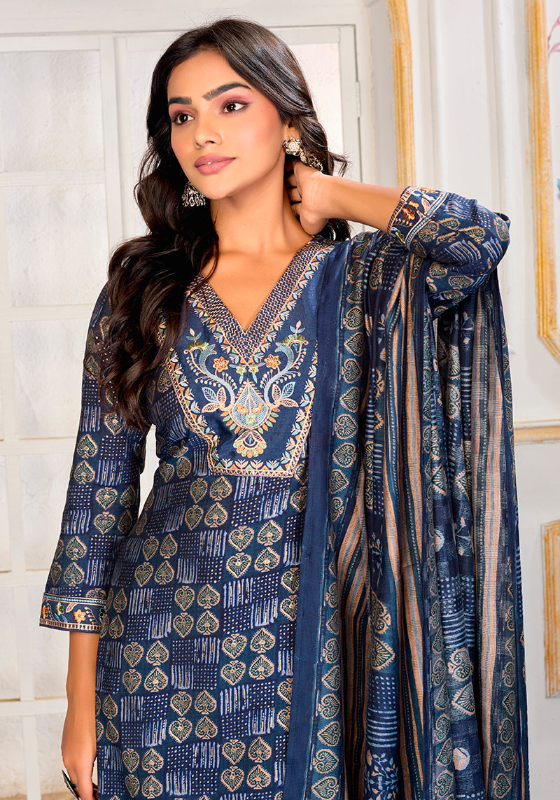 Blue Chanderi Embroidered Pant Style Suit Set for Parties