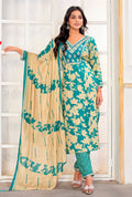 A sky blue rayon pant style suit with intricate embroidered detailing for festive occasions