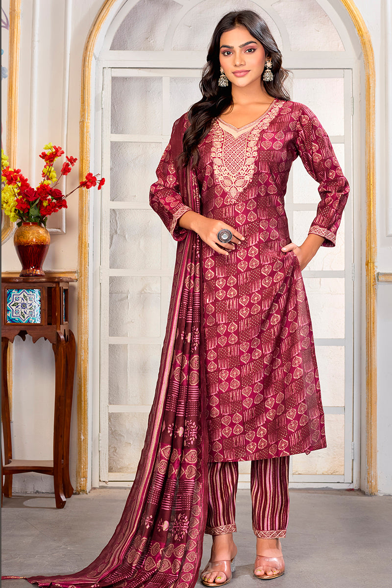 Crimson Chanderi Silk Embroidered Pant Style Party Suit Set