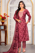 Crimson Chanderi Silk Embroidered Pant Style Party Suit Set