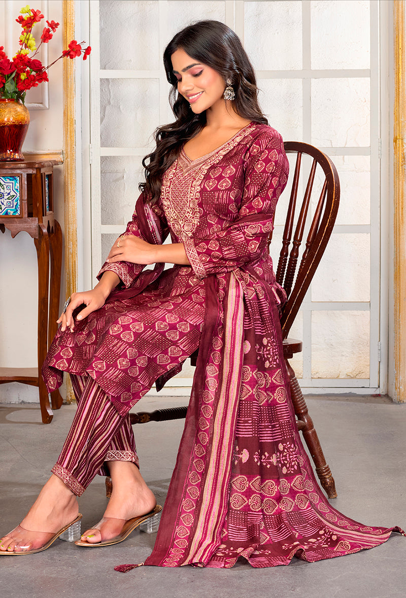 Crimson Chanderi Silk Embroidered Pant Style Party Suit Set