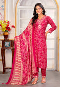 A stylish pink rayon printed party wear pant style suit with embroidered details and matching dupatta.