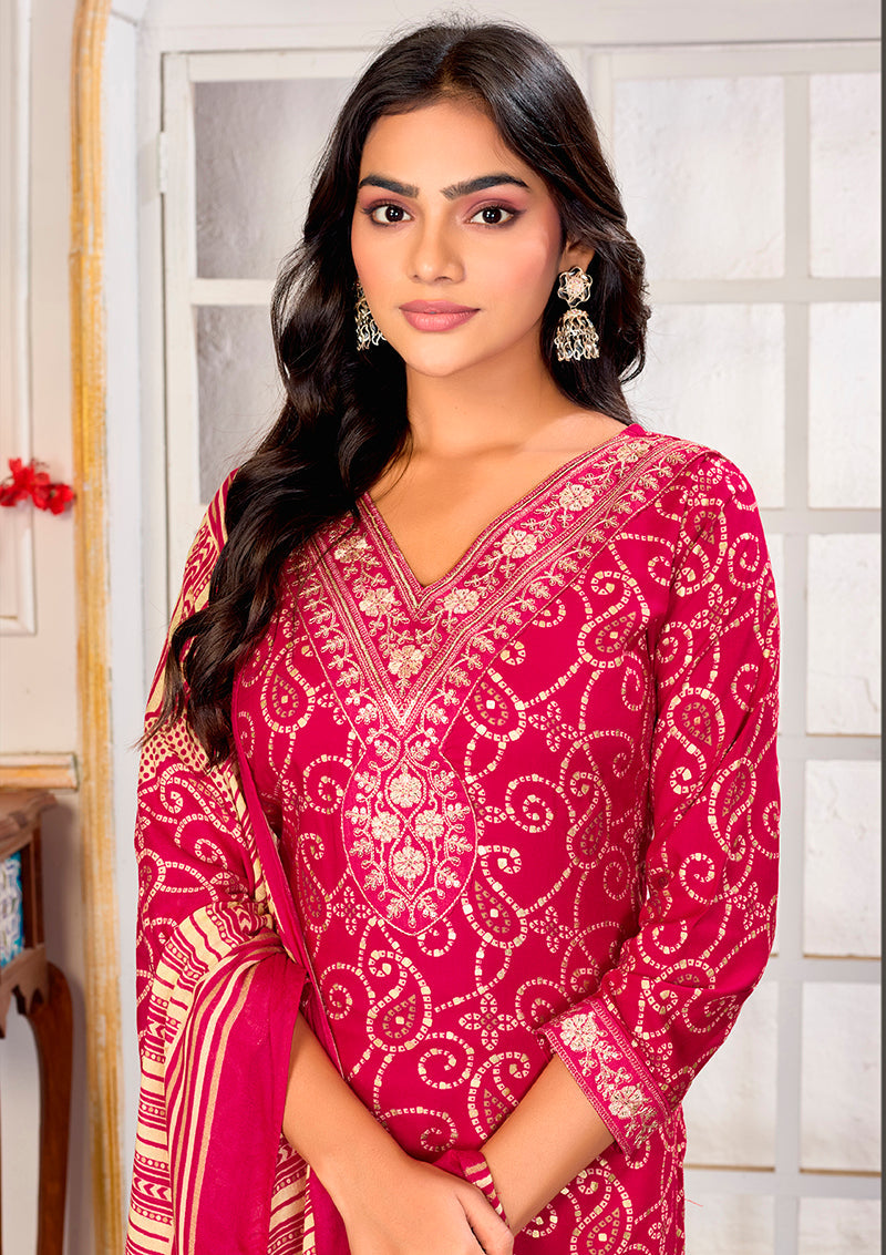 Pink Rayon Printed Party Wear Pant Style Suit with Embroidery
