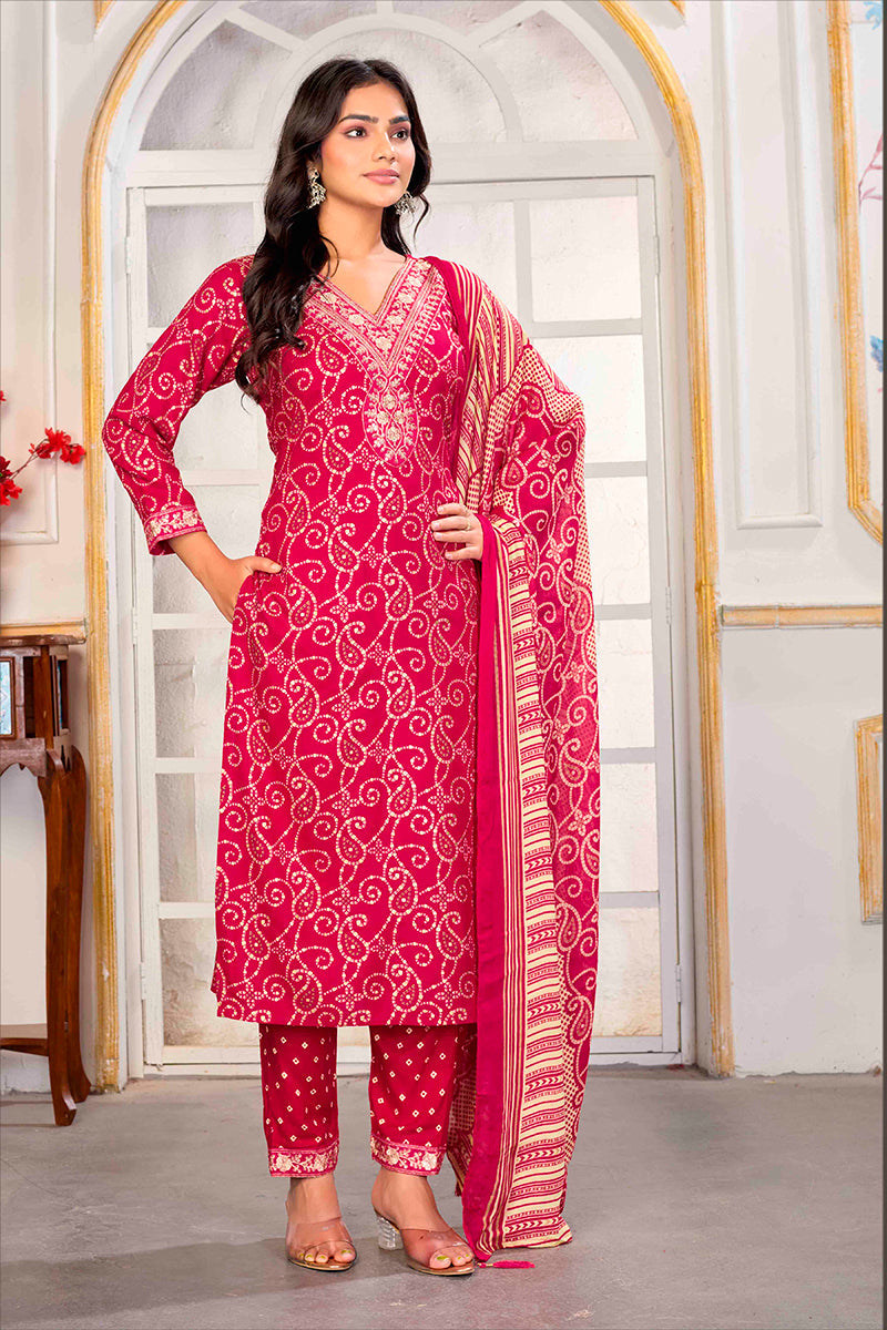 Pink Rayon Printed Party Wear Pant Style Suit with Embroidery