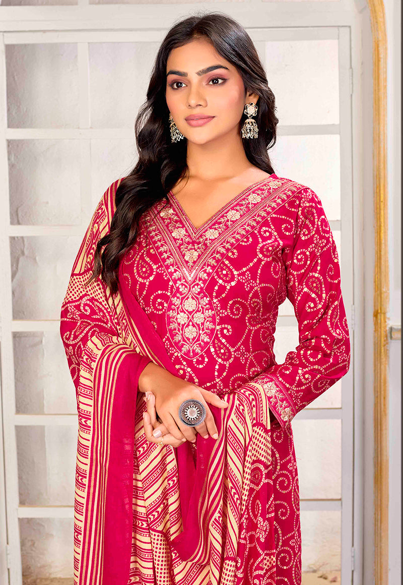 Pink Rayon Printed Party Wear Pant Style Suit with Embroidery