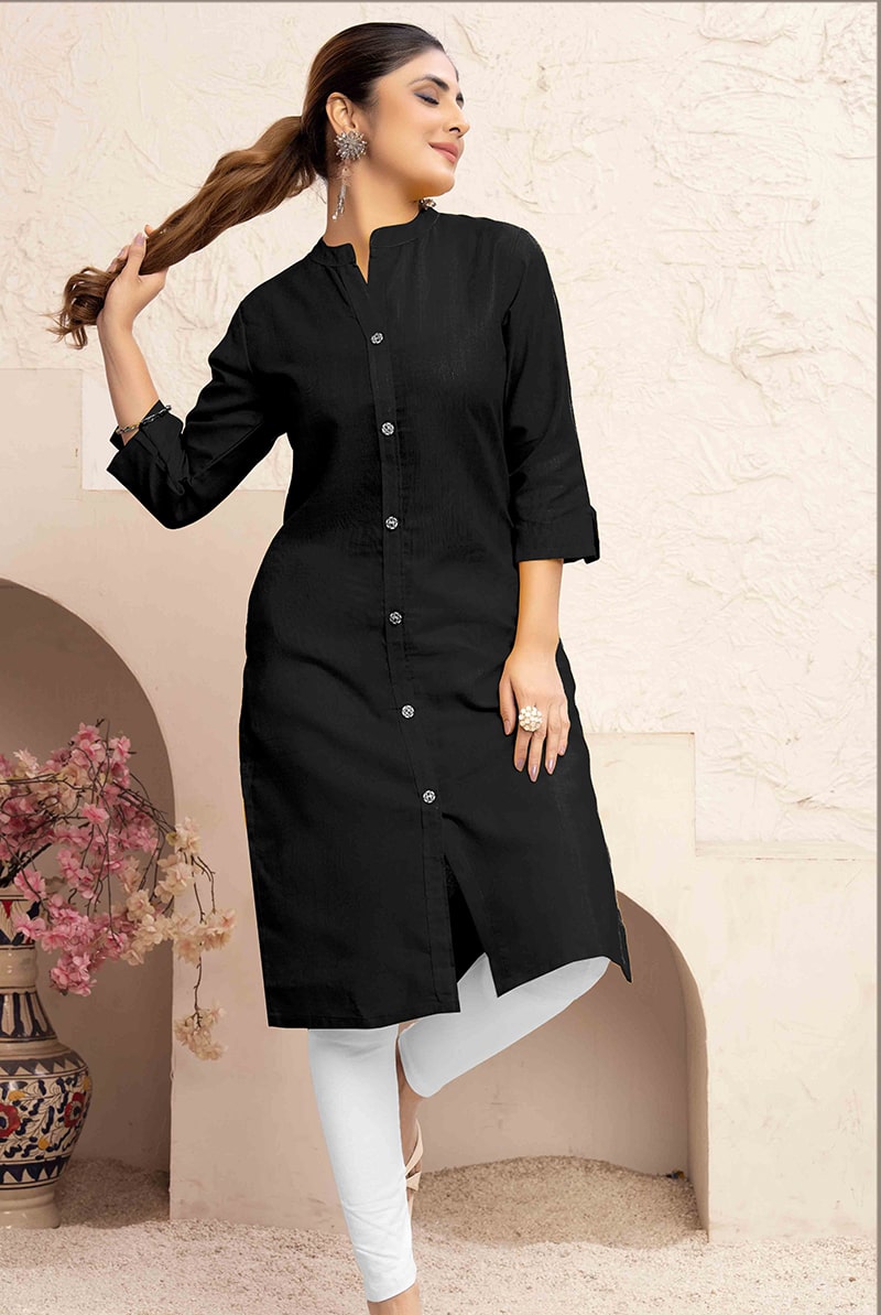 Black Cotton Casual Kurti With Functional Pocket