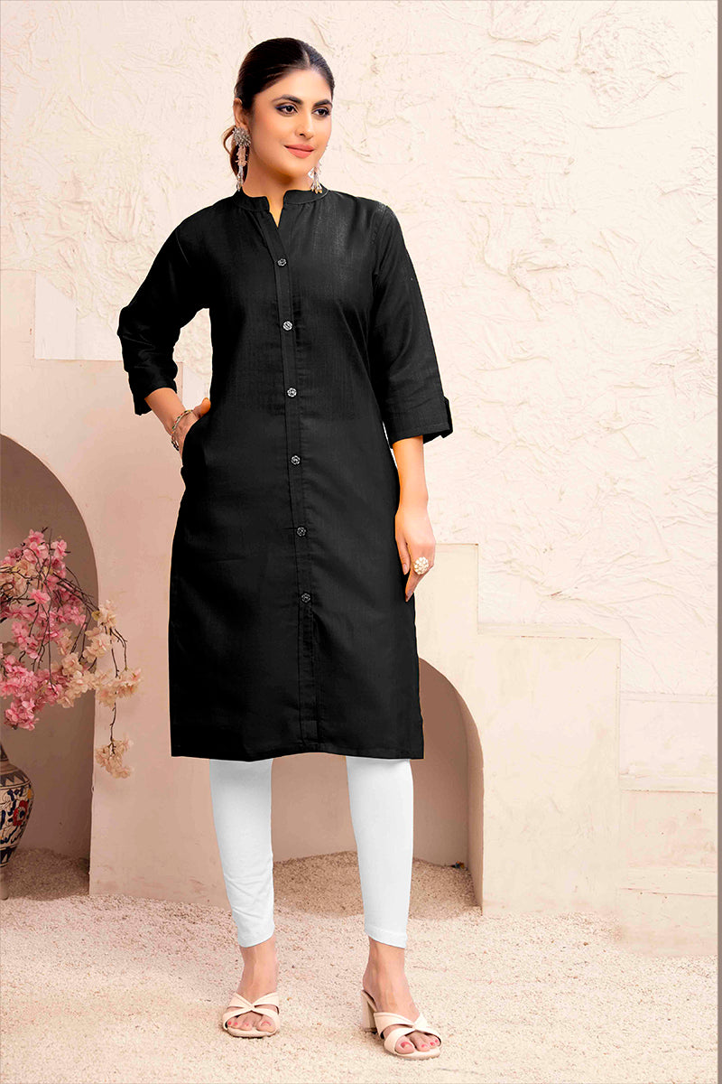 A stylish black cotton casual kurti featuring a pocket and plain elegant design
